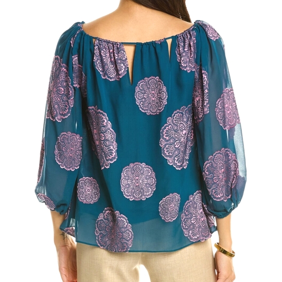 Trina Turk Teal & Pink Saloni Silk Puff Sleeve Top - Picture 2 of 12